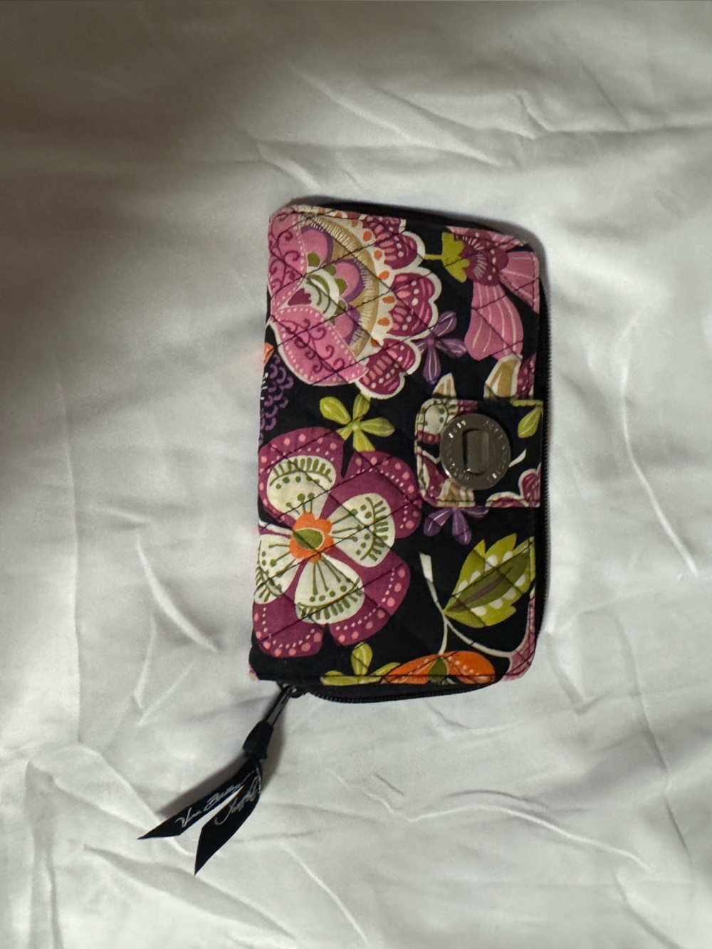 Vera Bradley Black Wallet with Pink Floral and Green Leaf Accents